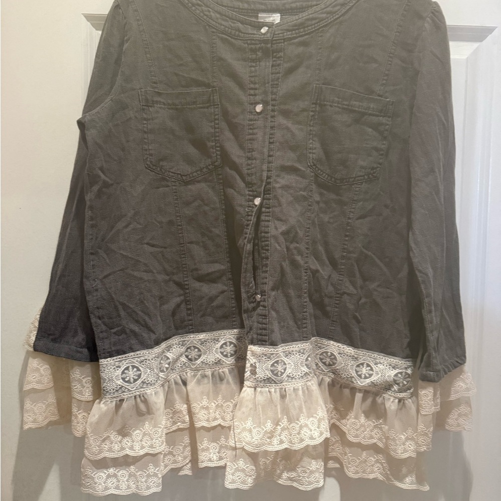 Dark Gray Button Front Jacket with Cream Lace Ruffle M